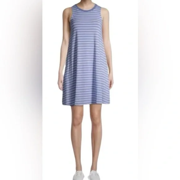 Womens Time & Tru Sleeveless Knit Dress With Pockets Lt Blue/White